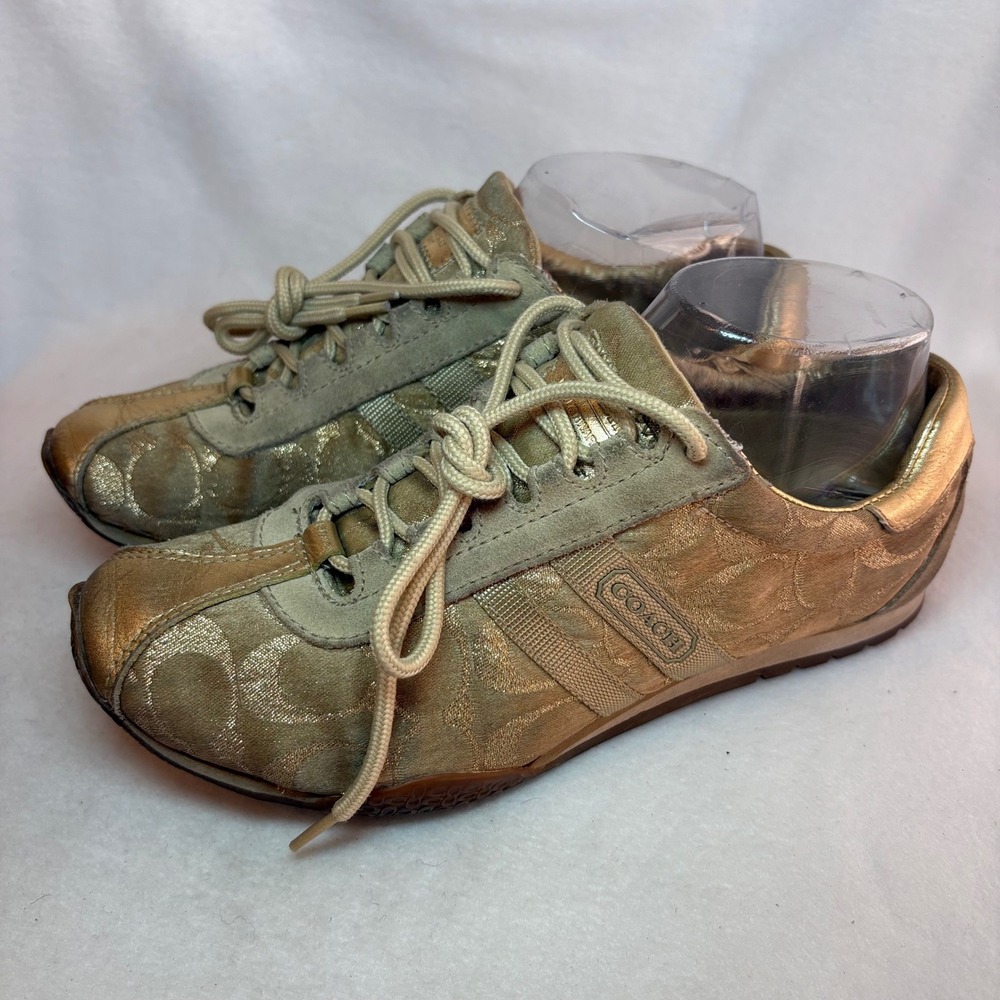 Coach Gold Signature Jacquard Metallic Leather Suede Sneakers Women 6.5